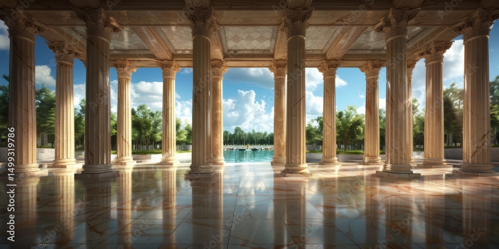 Fototapeta premium Elegant columns roman temple frame a tranquil pool with lush greenery in a serene outdoor setting