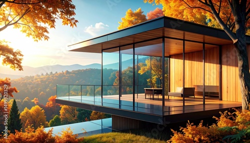 Modern architecture house surrounded by autumn scenery, a tranquil retreat