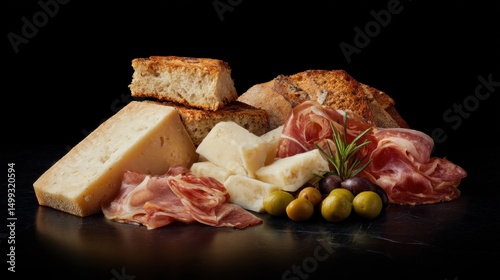A delicious display of artisanal cheese, crusty bread and flavorful cured meat selection