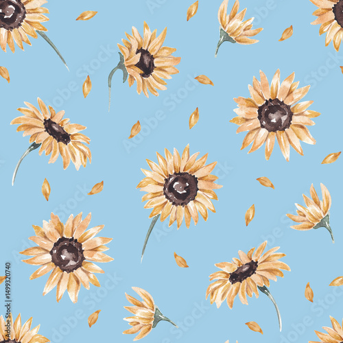 Floral seamless pattern with sunflowers and petals. Bright summer design. For home textile, fabric, packaging. Hand drawn with watercolor. Harvest festival, Rustic fabric pattern