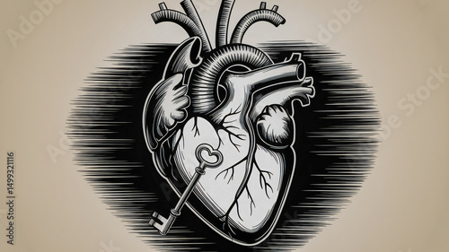 Vintage ink illustration of a mechanical heart scratchboard style