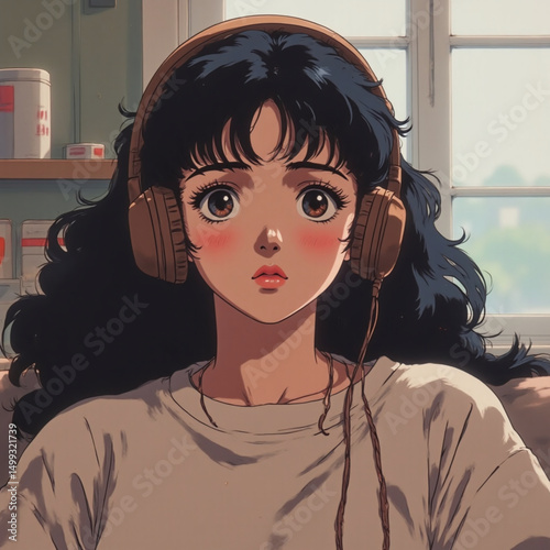 A woman with long hair wearing headphones
