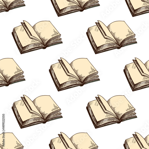 Hand drawn vintage seamless pattern of open books with blank pages in engraving style with beige paper tones