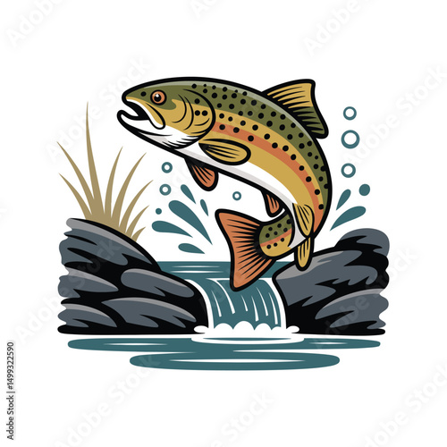 Rainbow Trout Leaping Over Waterfall in River