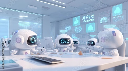 Cute white robots having corporate meeting in AI-first company boardroom, digital charts on screen, futuristic smart office environment, artificial intelligence teamwork concept