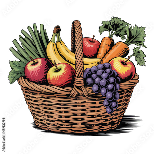 Wicker Basket Filled with Fresh Fruits and Vegetables