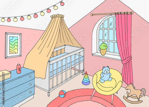 Attic baby room graphic color interior sketch illustration vector