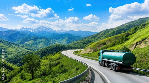 Truck navigating a winding mountain road under a bright blue sky with lush greenery