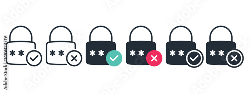 Password lock with checklist and cross icon. Illustration vector