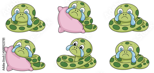 Six Adorable Cartoon Snakes Crying with Pillows