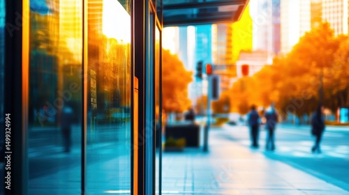 Urban sunset reflecting on glass buildings with pedestrians in a bustling city street