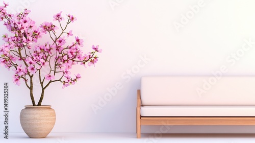 Elegant living room with a modern sofa and a blooming pink flower vase against a white wall