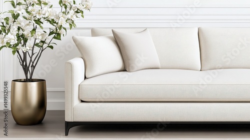 Modern living room featuring a stylish white sofa with decorative pillows and a gold planter