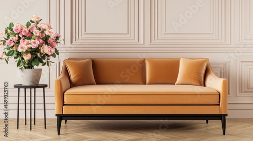 Stylish orange sofa with decorative pillows in a modern interior featuring a floral arrangement