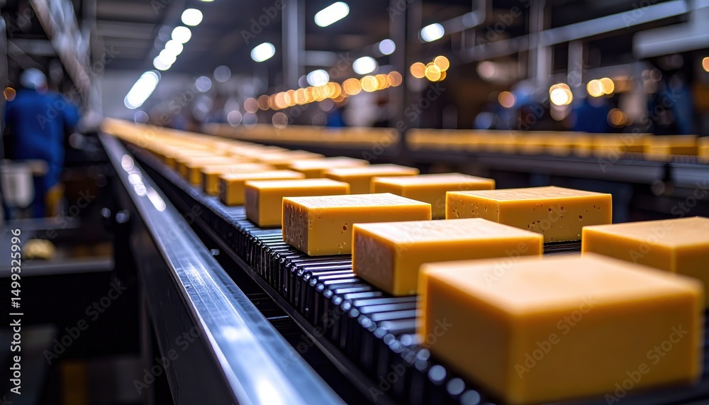 Fototapeta premium Production Line of Yellow Cheese Blocks in Modern Factory Setting