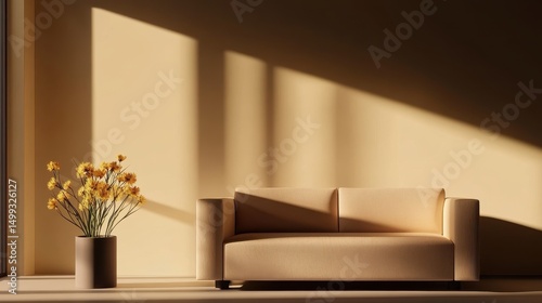 Modern living room with a beige sofa and a flower vase, sunlight casting shadows on walls