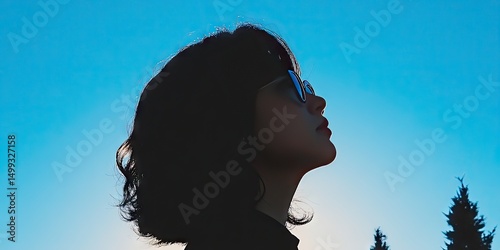 Silhouette of a young woman looking upward with sunglasses against a clear blue sky