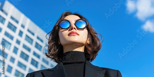 Stylish young woman outdoors wearing sunglasses looking upward with buildings and blue sky in background