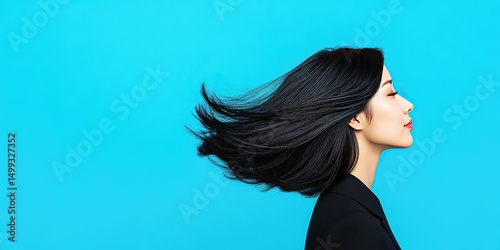 Beautiful asian woman with flowing black hair profile view against a bright blue background