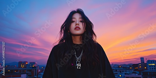 Young woman posing against dramatic sunset sky during golden hour fashion portrait