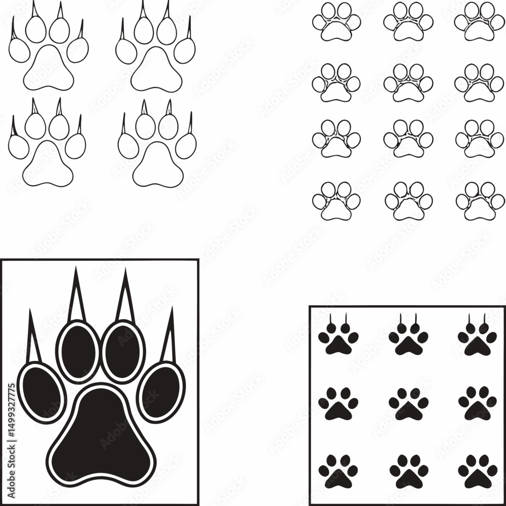 Fototapeta premium Seamless Paw Print Icon Set with Black Dog Paw Vector Pattern for Design
