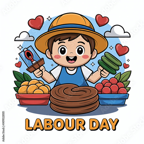 A cartoon boy holding a bunch of fruits and vegetables
