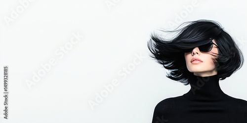 Elegant woman with black hair and sunglasses posed against a clean white background
