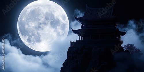 Scenic silhouette of a traditional asian temple under a glowing full moon at night