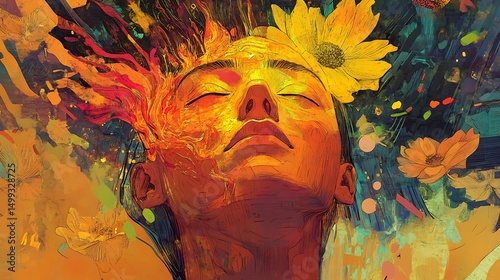 Abstract portrait reveals serene embrace of nature's hues with flowing colors and organic forms for artistic expression capturing harmony tranquility and visual poetry concept.