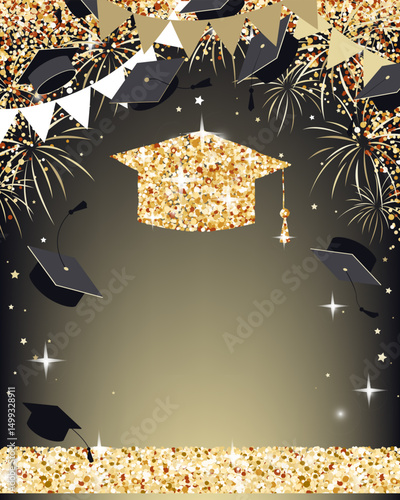 Graduation ceremony banner with graduate caps and gold confetti. Luxury invitation card for grads party or other graduation celebration design. Vector illustration