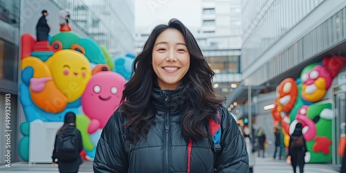 Smiling asian woman posing in front of colorful street art in a modern urban environment