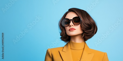 Stylish young woman wearing oversized sunglasses and a yellow suit posing on a solid blue background
