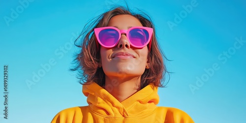 Portrait of a beautiful young woman with pink sunglasses enjoying a sunny day against blue sky