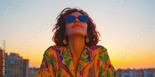 Beautiful young woman with sunglasses and sunset background enjoying the golden hour outdoors