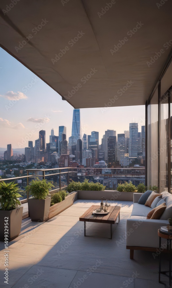 Obraz premium Modern city apartment with rooftop terrace access, stunning skyline view , bedroom, day, minimal