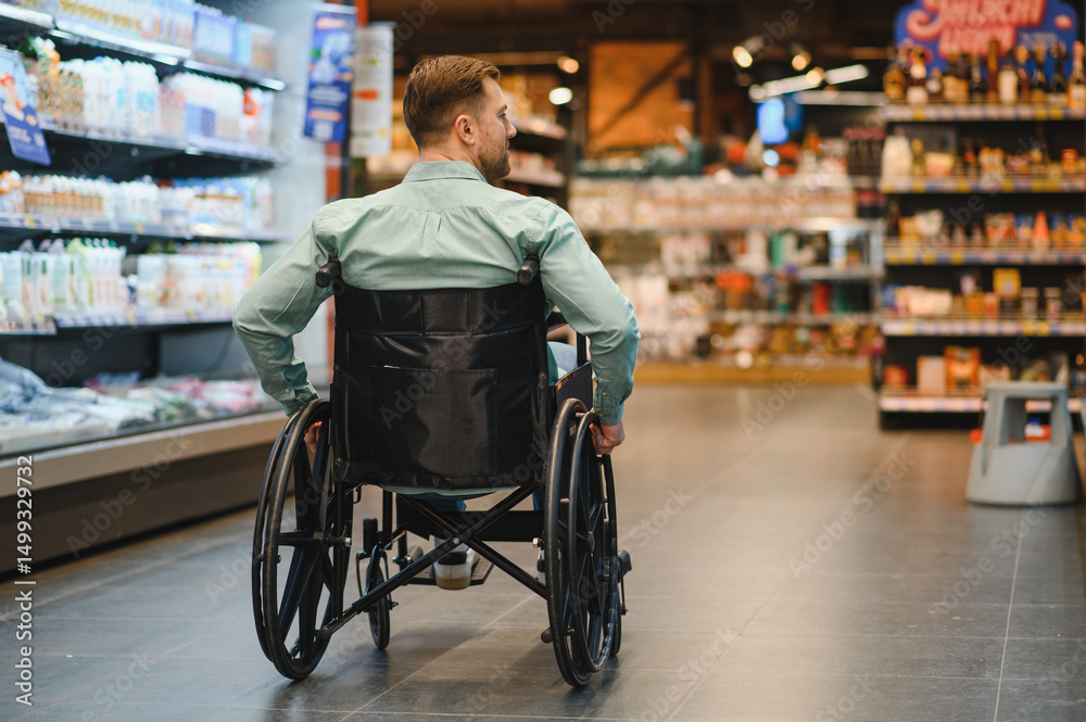 Obraz premium Customer with disability shopping for groceries in wheelchair at supermarket