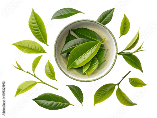 Fresh green tea leaves in bowl and isolated