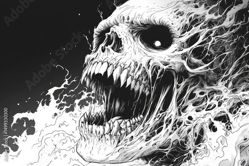 A grotesque, detailed rendering of a screaming skull.