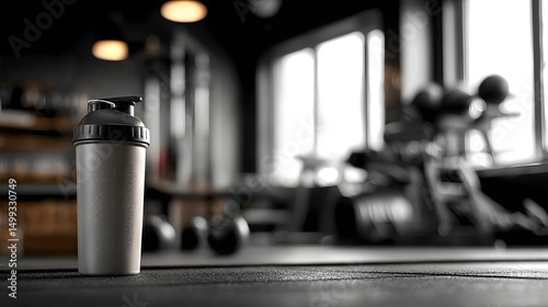 Shaker bottle in a gym with blurred fitness equipment in background.