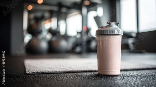 Protein shake in a gym setting, with blurred background.