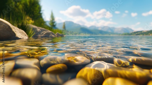 Serene lakeside view with clear water reflecting mountains and lush greenery in the background