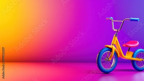Colorful children's tricycle against a vibrant gradient background, ideal for playful designs