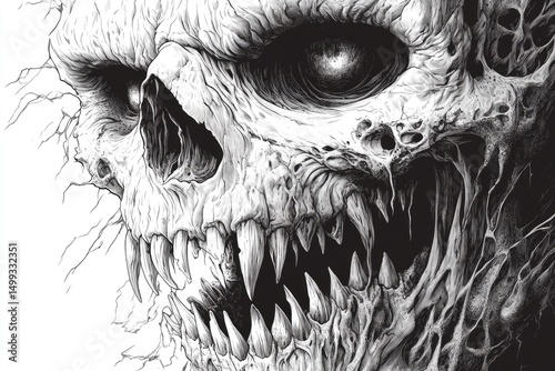 A grotesque skull with menacing details.