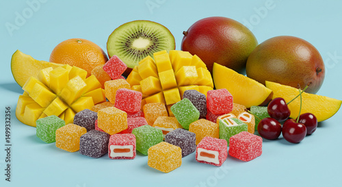Colorful mix of fresh tropical fruits and assorted gummy candies, vibrant and fun.

