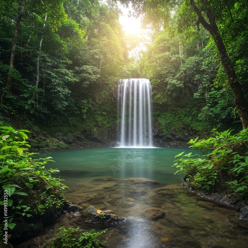 Lush Green Tropical Waterfall Cascading into a Tranquil Pool