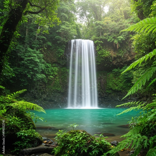 Lush Green Forest Waterfall Cascading into Teal Pool