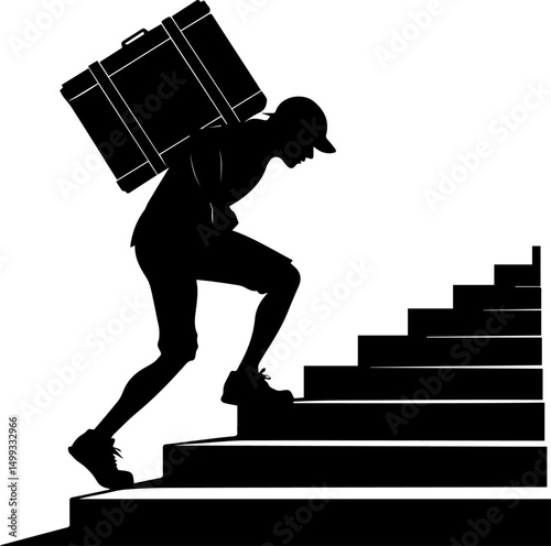 Silhouette of Person Carrying Heavy Luggage Up Stairs