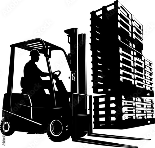 Industrial Forklift with Operator and Pallets Silhouette