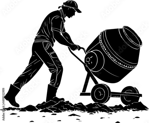 Construction Worker with Concrete Mixer - Building and Labor Silhouette