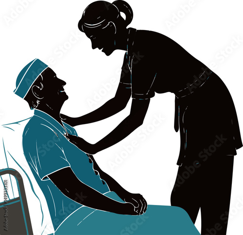 Nurse Caring for Patient in Hospital Bed - Healthcare and Medical Support Illustration